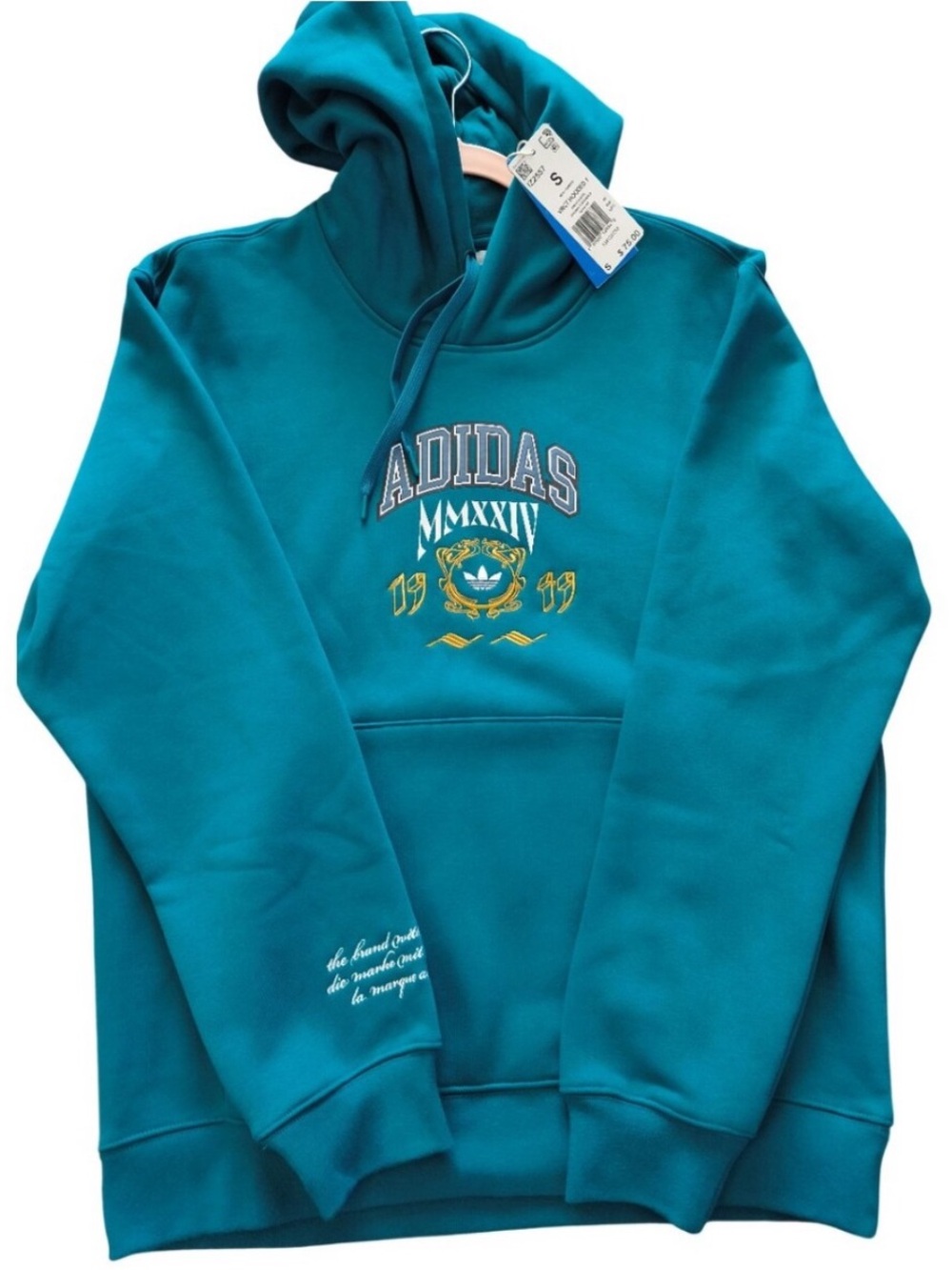 adidas NWT Teal Pullover Hoodie Gold & White Embroidery Kangaroo Pocket Men’s Sm